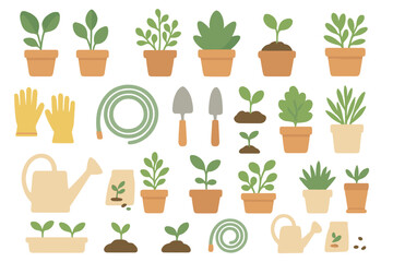 Gardening tools and plants arranged in a colorful pattern on a simple background for creative inspiration