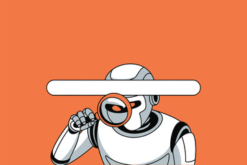 A robot uses a magnifying glass to scan a website for cybersecurity threats, protecting digital footprints