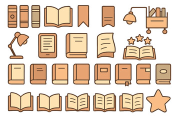 Collection of book illustrations and reading accessories in warm colors showcasing literacy and education themes