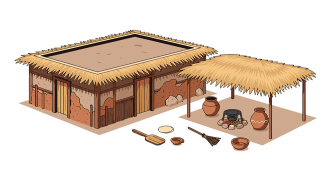 Simple rural dwelling with thatched roof, earthen walls, and outdoor cooking area.
