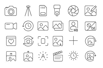 Illustrations of photography tools and icons in a minimalist style featuring a camera, tripod, and editing symbols