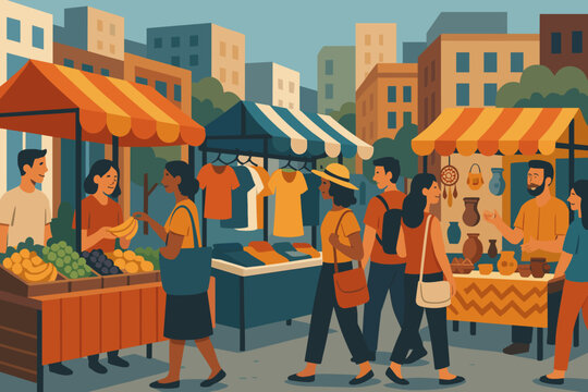 Vibrant market with diverse stalls showcasing fruits, clothing, and pottery in an urban setting during a sunny afternoon