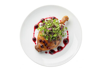 Elegant Duck Confit with Cherry Sauce and Microgreens on White Plate, Top View