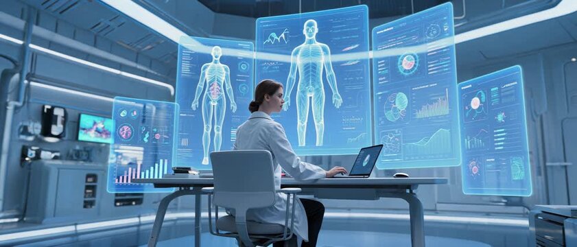 Analyzing Medical Data, Scientist, Futuristic Lab, Stock Photo, High-Tech Environment, Side View, Innovation and Digital Health