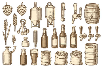 Vintage brewing and beer making equipment displayed on a textured background showing various tools and ingredients for craft beer production