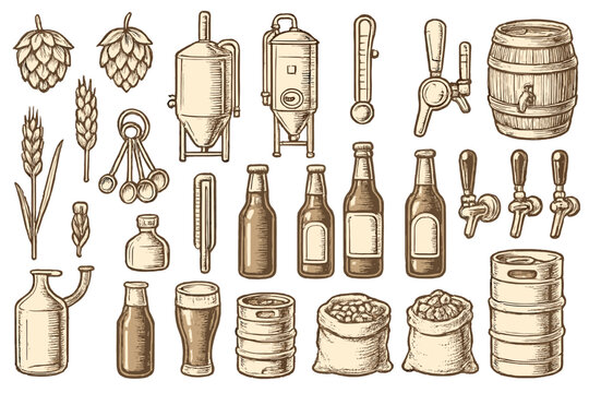 Vintage brewing and beer making equipment displayed on a textured background showing various tools and ingredients for craft beer production