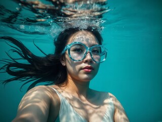 Serene Underwater Portrait of a Woman Wearing Colorful Goggles, Swimming with Flowing Hair and Bubbles in Turquoise Ocean Water, Ideal for Adventure, Nature, and Underwater Photography Themes
