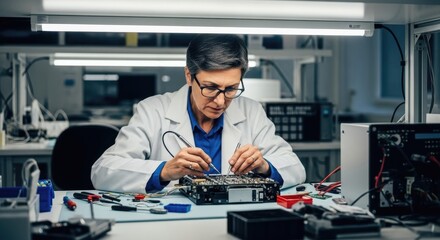 Electronics engineer soldering circuit board in laboratory