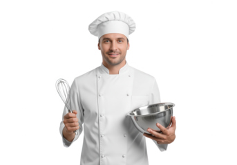 Cheerful Chef Holding Mixing Bowl and Whisk on White Backdrop