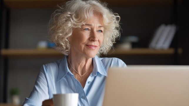 mature adult 60s aged woman working at laptop watching video conference webinar training virtual meeting business lady e learning online computer classes typing seniors and remote education no logos 
