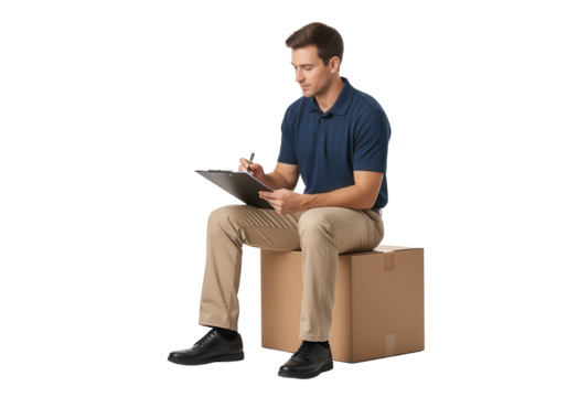 Delivery Man Seated on Box Writing on Clipboard, Isolated