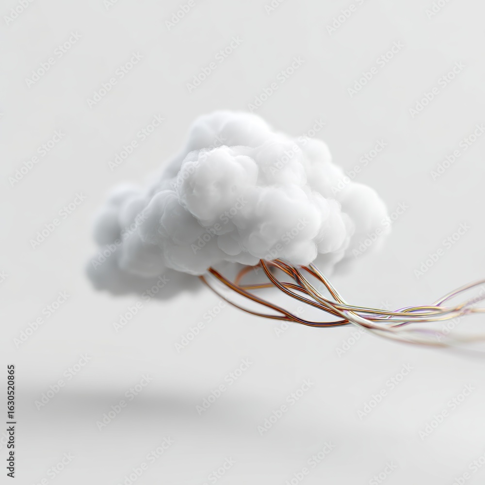 Poster a simplified white cloud with abstract data lines entering and exiting, isolated on a pure white bac