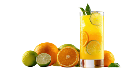 Fresh squeezed citrus juice mix in clear cylindrical glass isolated on a Transparent background, PNG file.