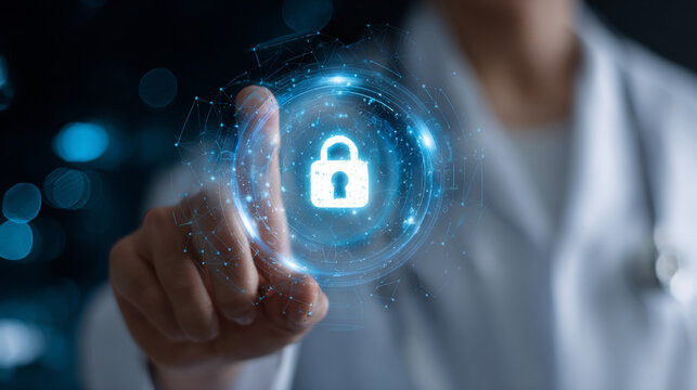 Protection. Healthcare. Insurance. Cyber security. Network safety. Protection shield with Check mark icon inside transparent sphere shield with hexagon pattern on blue background. Vector illustration.