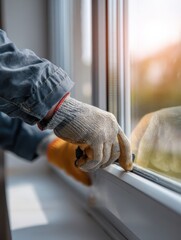 construction worker in protective gloves installing sliding window in new house