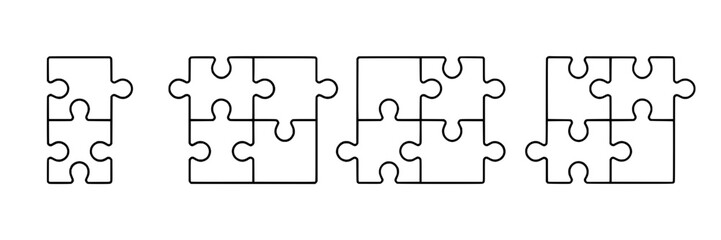 Puzzle piece collection, set of four puzzles, outline vector illustration. Jigsaw puzzle pieces, separate and connected, black line drawing on white background. Teamwork, problem-solving concept.