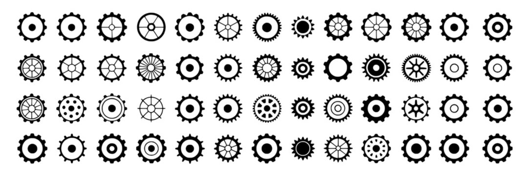 Vector set of mechanical gears, cogwheels, and sprockets in black and white. Collection of circular gear icons, symbols with various spoke and teeth designs. Illustration of machine parts, engineering