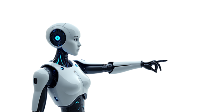 blue screen robot cyborg,
Isolated Humanoid Robot with AI – 3D Render of Futuristic Cyborg Pointing