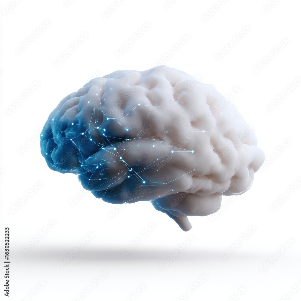 Poster a simplified white cloud with abstract data lines forming a brain, isolated on a pure white backgrou