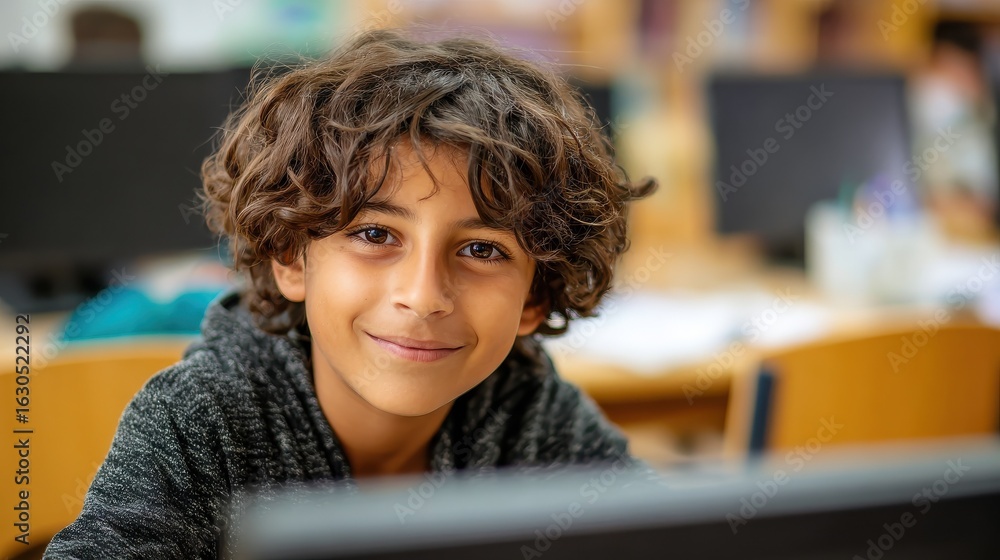 Poster young happy schoolboy using computer arab child learning to use computer at elementary school portra