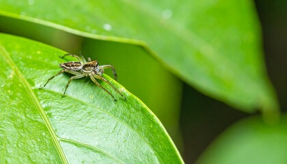 Naklejka premium A small spider rests on a vibrant green leaf, its body subtly patterned