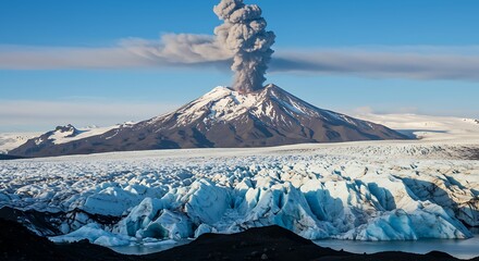 Stunning Icelandic Landscape Featuring Erupting Volcano and Glacial Ice Field under a Clear Blue Sky Perfect for Nature Photography