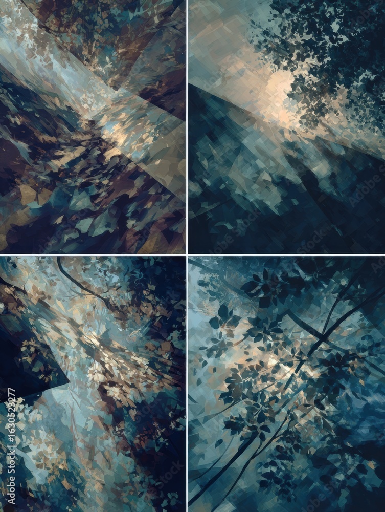 Poster abstract depiction of natural light filtering through foliage in a serene wooded setting during twil