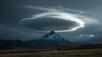 Snowy mountain peak under unusual cloud formation; landscape, weather & travel use