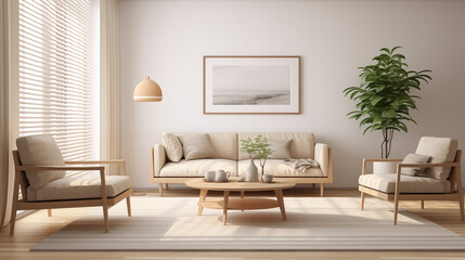 Scandinavian Style Living Room with Pendant Light and Framed Landscape Art  
