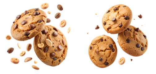 Chocolate Chip Cookies with Nuts Floating on Transparent Background