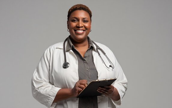 Portrait of a smiling Black woman doctor wearing a stethoscope and holding a medical notebook against a gray background,