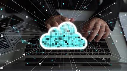 A person types on a laptop surrounded by a cloud computing visualization, illustrating the concept...