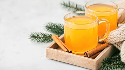 Warm Beverage with Cinnamon Sticks and Evergreen Branches