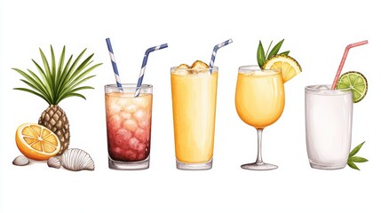 Tropical Refreshing Drinks with Fruit Garnishes and Straws