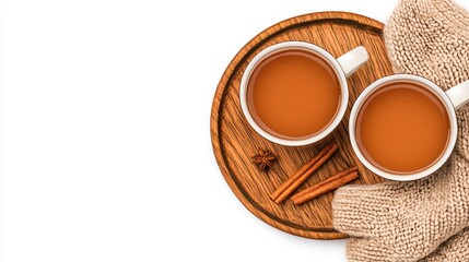 Warm Cups of Tea with Spices on a Wooden Tray and Cozy Knit