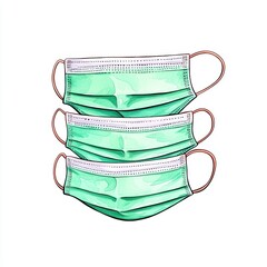 Green Medical Face Masks Stacked for Health and Safety
