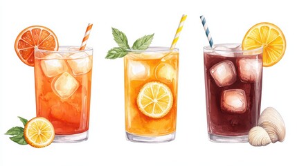 Refreshing Citrus Beverages in Glasses with Ice Cubes