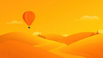 Warm sunset over rolling hills with hot air balloon