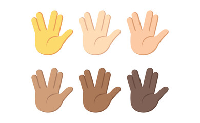 Six hands in vulcan salute pose with varying skin tones arranged in two rows on a white background