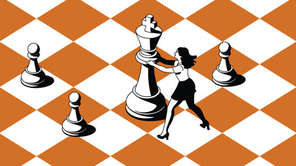 A woman is strategically moving a chess king on a chessboard, surrounded by pawns, symbolizing leadership and strategy