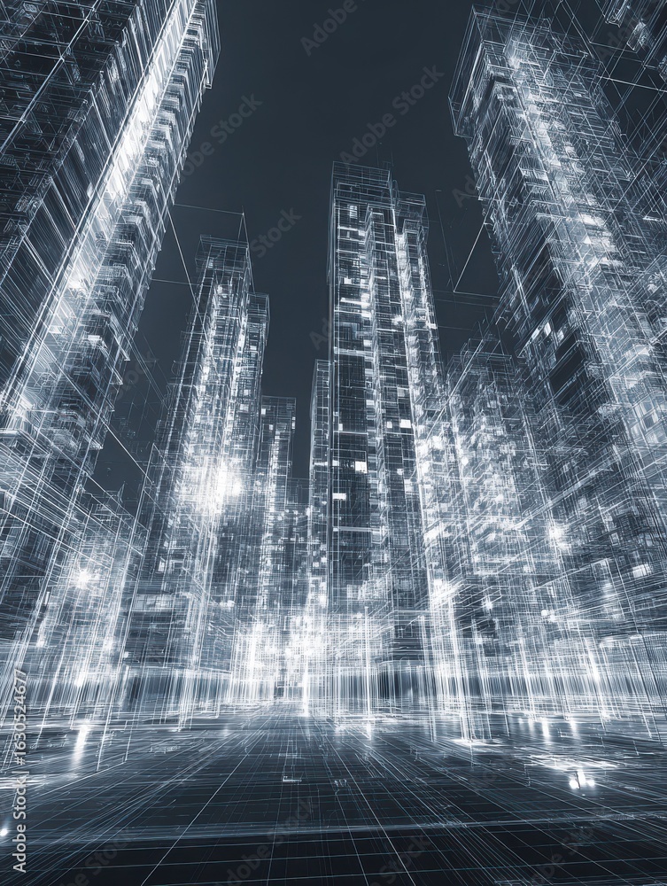 Poster a futuristic cityscape rendered in digital wireframes showcasing the integration of building informa