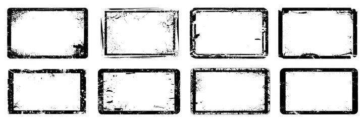 Set of eight grunge rectangular frames with distressed, textured borders. Black and white vector collection of blank, empty box shapes, vintage, retro design elements for text, images, or logos.  Inky