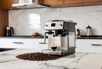 A high-quality stainless steel espresso machine is installed on a marble countertop, surrounded by freshly roasted coffee beans.