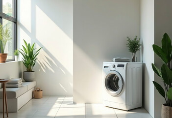 A minimalist and modern bathroom with a close-up of a white washing machine.