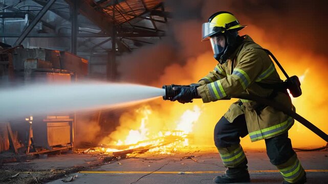 firefighter in action with burning house in the background 4k