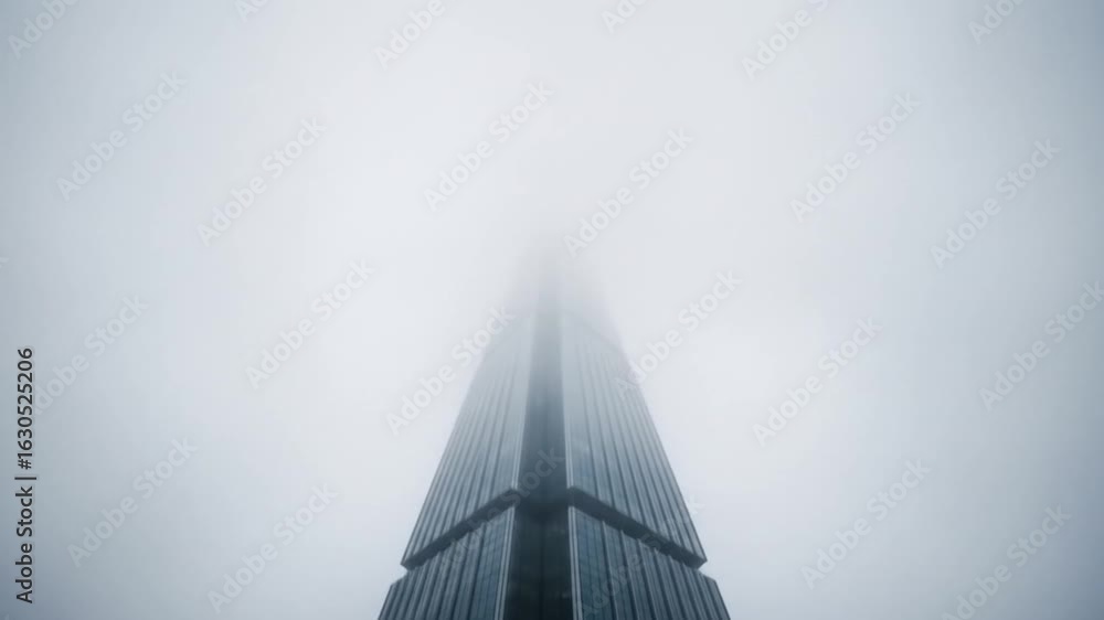 Aufkleber misty skyscraper piercing through dense fog in an urban landscape with minimalist design modern arch