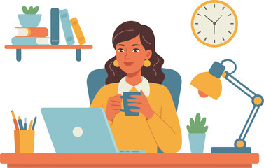 A young woman is sitting at her desk with a laptop, enjoying a cup of coffee in her home office isolated on white background