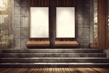 Two blank vertical posters on a stone wall with wooden benches and steps