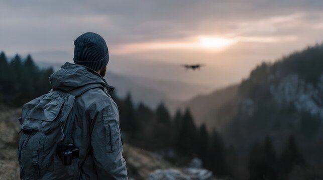 Traveler capturing scenic mountain vista with drone - Powered by Adobe