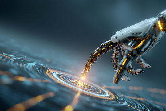 AI Fingerprint: Robotic Hand Activates a Luminous, Rippling Data Hub - Powered by Adobe
